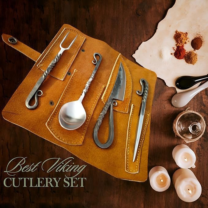 King Tools Viking Knife set, Viking Cutlery Set Hand Forged Black Silverware Set With Leather Cover- Medieval 4 Pcs Kitchen Utensils Set, Knife Spoons And Forks Set- Dinnerware Sets, Utensils Set - Image 3